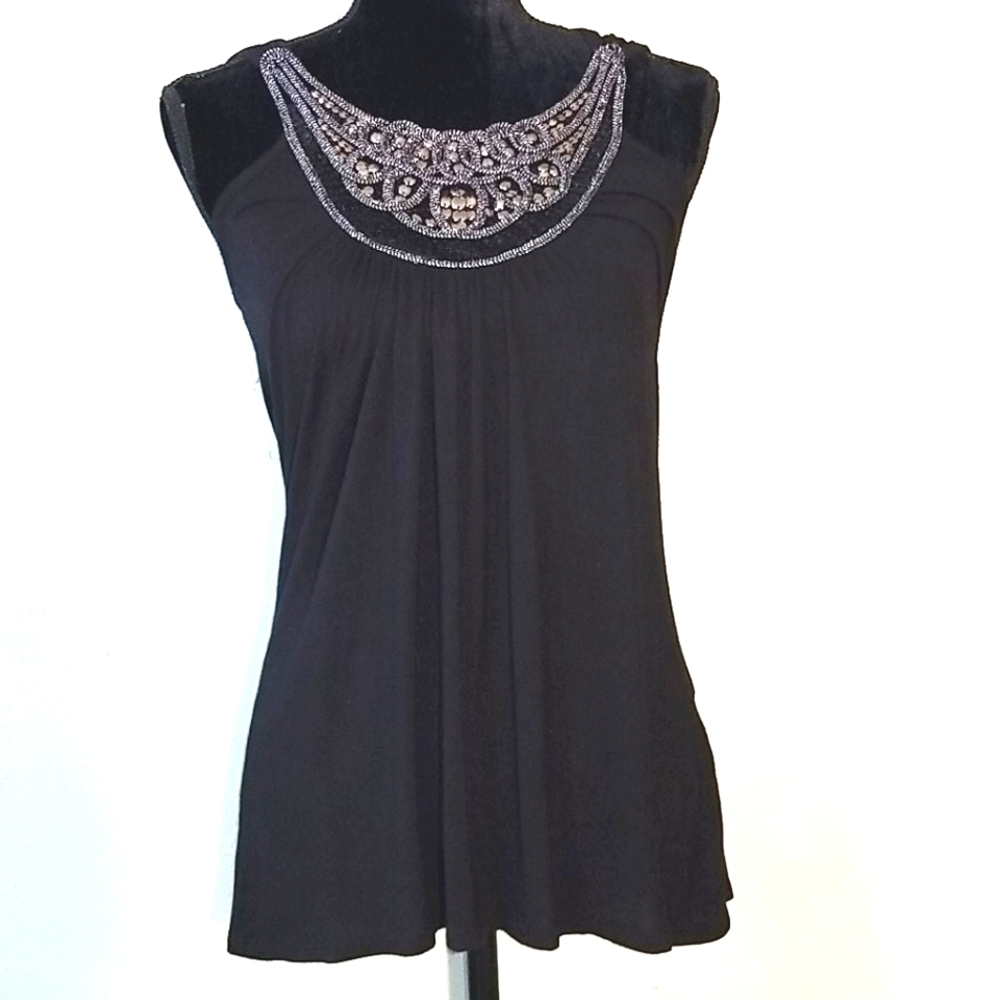 Black metallic embellished scoop neck sleeveless blouse small